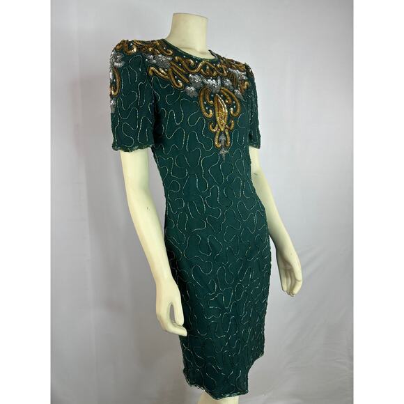 Vintage 90s Silk Cocktail Dress Fully Beaded Sequins Green size small petite - Picture 5 of 12